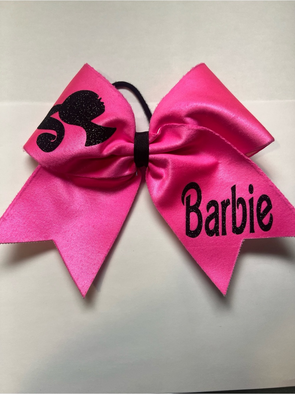 Barbie Hot Pink Satin Bow Hair Tie with Black Glitter Logo Cheerleading bow